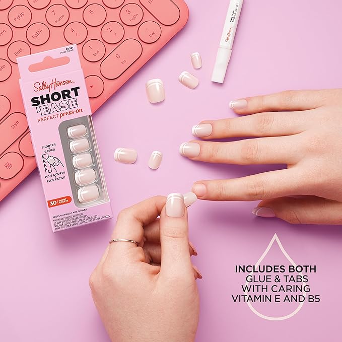 Sally Hansen Salon Effects Perfect Press-On Short'Ease Nails | Square Shape | Easy to Apply, Non-Damaging, Natural Look Vitamin E & B5 | 30 Nails, Nail Glue, Adhesive Tabs, File| Petite Pearlflection