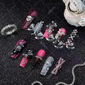100% Handmade Press on Nails Halloween Long Coffin Fake Nails with Skeleton Punpkin Star Charms Design Ombre Pink Black Glue on Nails Reusable Halloween Handmade Nail for Women Manicure Size M