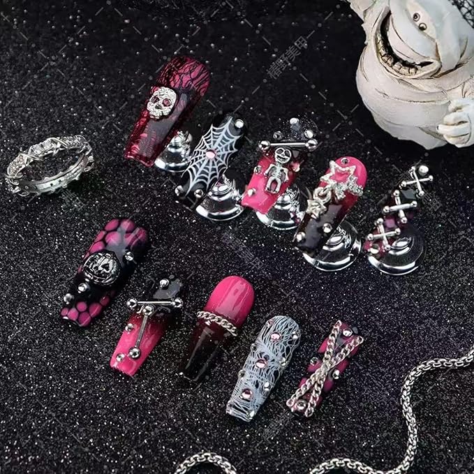Handmade Press on Nails Halloween Nail Press ons Long Coffin Fake Nails with Pumpkin Skeleton Star Charms Design Ombre Black Pink False Nails Reusable Halloween Handmade Nail for Women Size L