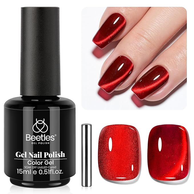 beetles Gel Polish Ruby Red Cat Eye Gel Nail Polish - 15ML Valentine's Day Red Cat Eye Glitter Gel Polish Magnetic Shimmer Effect Soak Off UV French Nail Art Design Salon DIY Manicure Gifts for Women