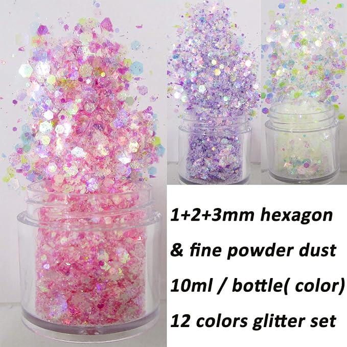12 Mixed Colors Iridesent Chunky Glitter Flakes Mylar Hexagon Fine Powder Pigment Opal Glitter Sparkles Crafts Sequins Resin Epoxy Accessories Women Girls Makeup Body Nail Art Decorations