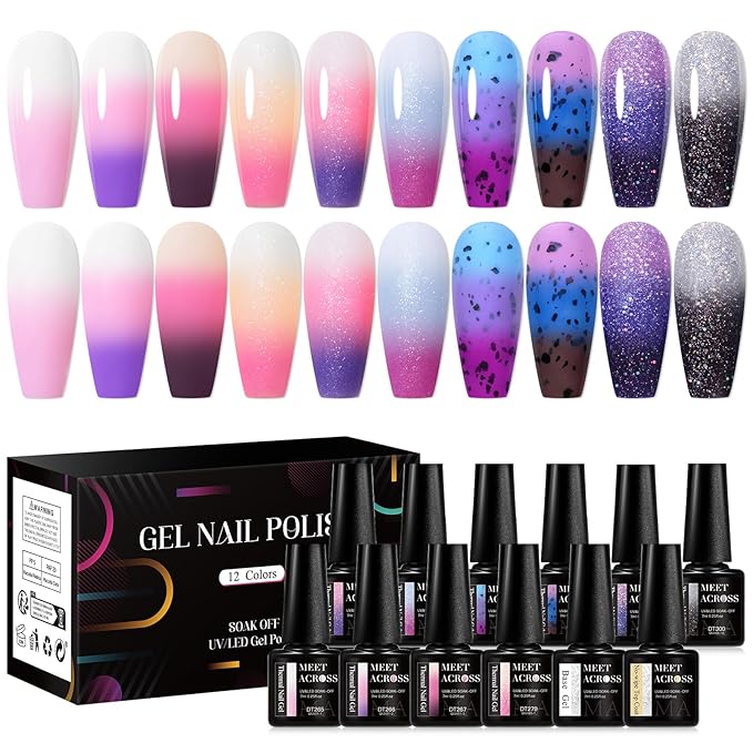 MEET ACROSS 12PCS Thermal Nail Gel Polish Kit, Temperature Shiny Color Changing Gel Polish Set, Soak Off UV Sequins Mood Changing Gel Polish Nail Art DIY Salon Manicure Gifts