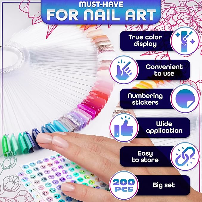 200 Pcs Nail Swatch Sticks – Color Swatches with Numbering Stickers and 4 Metal Rings – Easy to Paint On, Simple to Organize and Store for Professionals, Beginners, and Gel Polishes, Nail Forms