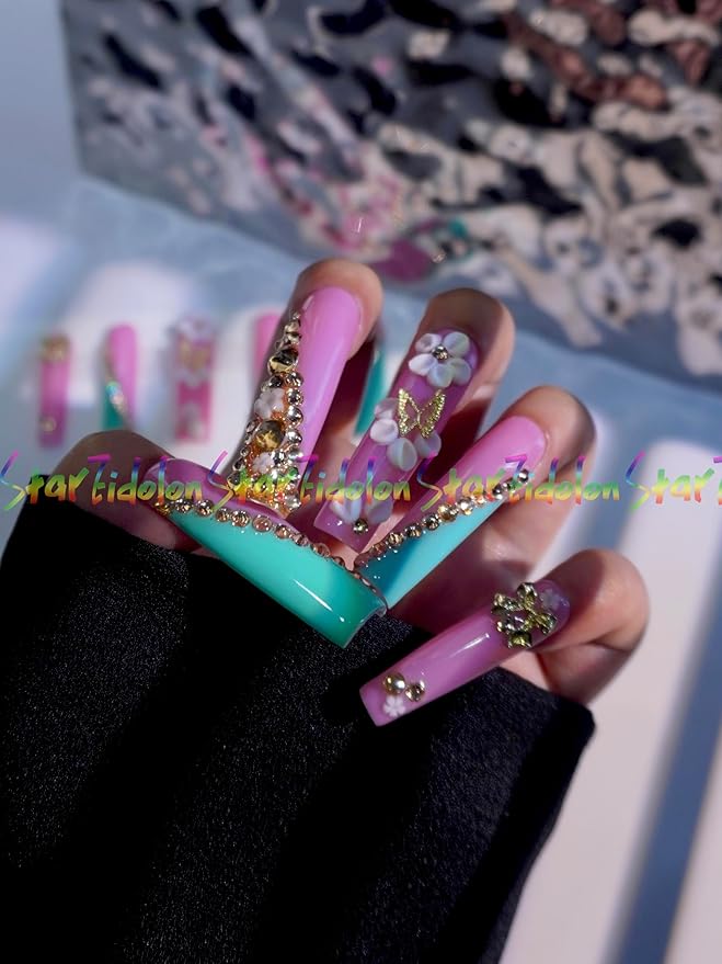 HAND-PAINTED White Press Ons Neon Small Press on Nails Long French Press on Nails Coffin Medium Short Nail art Fake Nail Art Kit with 7g Glue on Nails Handmade Almond Square Nails (Large, T19)