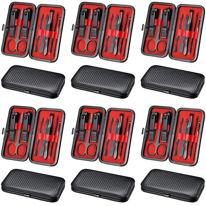 Geosar 12 Sets Manicure Set Nail Clippers Pedicure Kit 8 in 1 Grooming Stainless Steel Kits Nail Care Tools with Travel Case for Employee Coworker Teachers Nurse Gifts(Red Background)