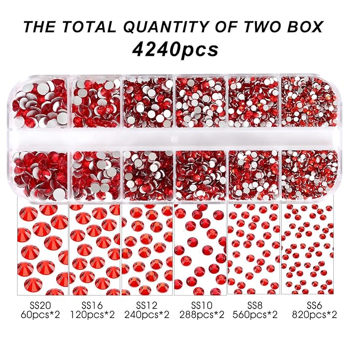 4240Pcs Flatback Red Rhinestones Glass Crystal Diamonds for Nail Art Eye Jewels Glitter Round with Tweezers and Picking Pen (SS6~SS20 Set)