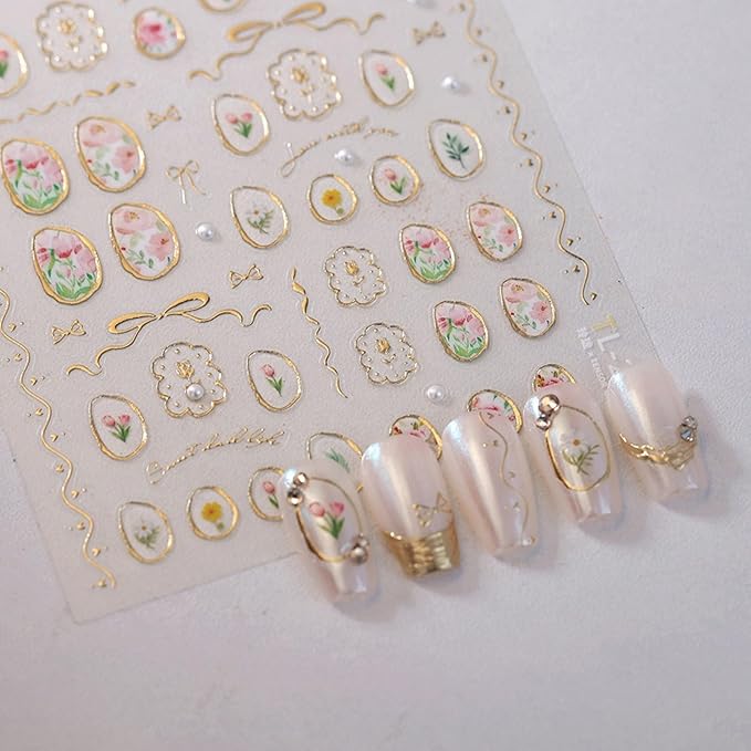 Dedyel Hot Stamping Wildflowers Nail Stickers 5D Embossed Wildflower Nail Stickers Spring Summer Red Yellow Blue White Flower Design Nail Art Decoration for Women Girls Kids
