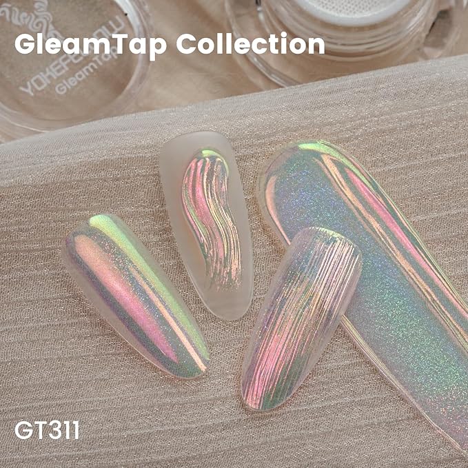Yokefellow GleamTap Cushion Holographic Aurora Chrome Nail Powder -Holo Nail Art Glitter Decoration Manicure Pigment for Nail Salon(GT311 Pinkstar Prism/Blue Pink with Pink Sheen and Holo Aura)