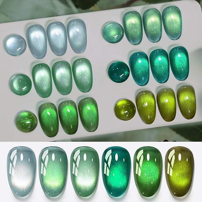 Born Pretty Green Cat Magnetic Eye Gel Nail Polish Jelly Olive Emerald Green Crystal Glass Magnetic Shimmer Glitter Nail Polish Salon Gel Manicure DIY at Home 7ML 6PCS