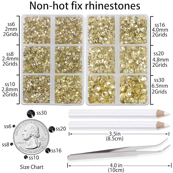 LPBeads 6000 Pieces Jonquil Non Hotfix Rhinestones 6 Sizes Round Crystal Glass Flat Back Rhinestones with Tweezers and Picking Pen for Nail Art Crafts Clothes Bags DIY