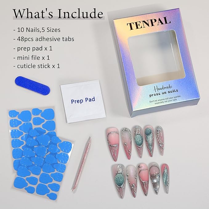 Long Stiletto Press on Nails,Pink-Silver Holographic Gradient Hand-Painted Moons Fake Nails with 10pcs Tools,3D Cat Eye Glitter False Nails,Edgy Meteors Design Sweet-Edge Metal Nails(XS)