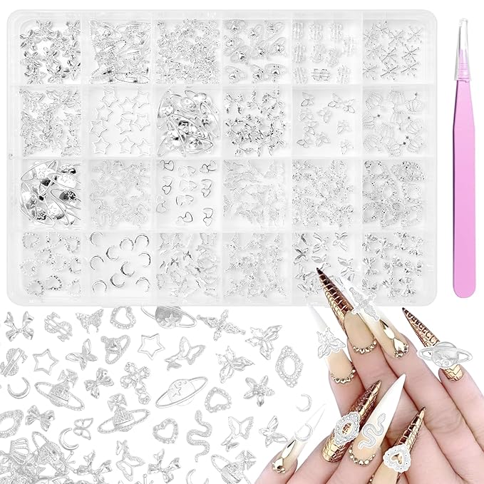 240 Pcs 3D Silver Nail Charms, Alloy Cross Star Crown Bows Nail Silver Charms, Shiny Planet Metal Nails Art Charms Snake Charm for Acrylic Nails DIY Y2K Accessories
