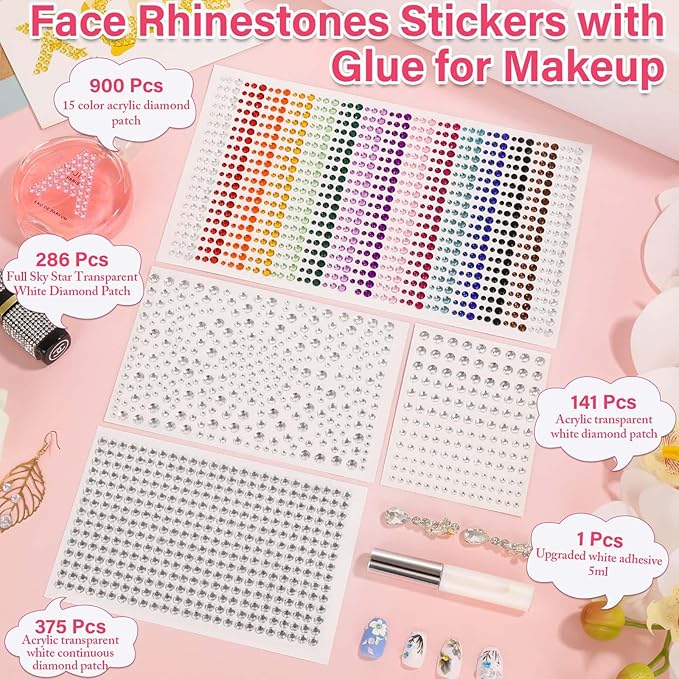 Face Glue with Eye Gems Stickers, 1702 Pieces Self Adhesive Rhinestones Stick on Face Jewels Hair Gems for Face Body Rhinestones for Nail Art Makeup Crafts