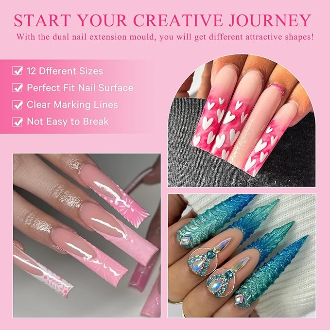 Nail Dual Forms for Poly Gel Set, 12 Styles 12 Sizes Nail Mold Extension Forms, 144Pcs Full Cover False Nail Tips, Duet System with 5pcs Nail Clips Nail Brush Nail Files Cuticle Trimmer