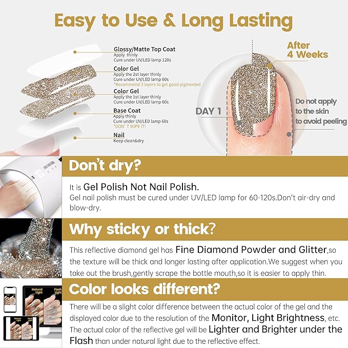YTD Likomey Reflective Glitter Gel Nail Polish,15ml Champagne Gold Flash Diamond Shimmer Nails Gel,Sparkly Shiny Salon Home Fall Winter Manicure UV Color Varnish,SZ012