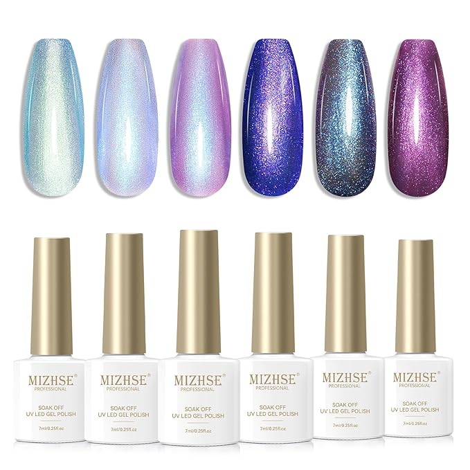 MIZHSE Chameleon Glitter Gel Nail Polish Set - 6 Colors Aurora Sparkle Glitter Gel Polish Kit Blue Purpke Holographic Shimmer U V LED Gel Polish for DIY Salon Home Manicure