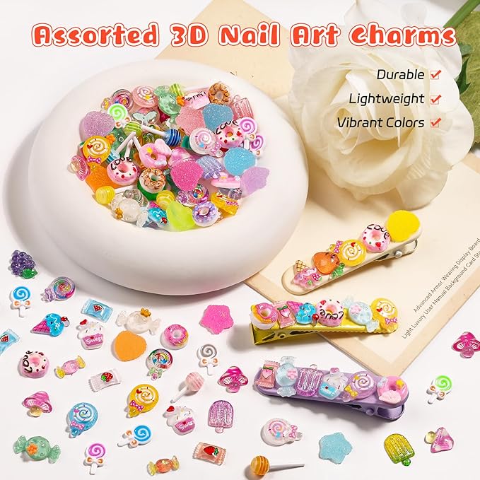 210PCS Kawaii Candy Nail Charms Kit: 3D Lollipop, Donut & Fruit Resin Charms for Acrylic Nails, Sweet Nail Art Supplies with Tweezers for DIY Crafts, Slime & Shoe Decor