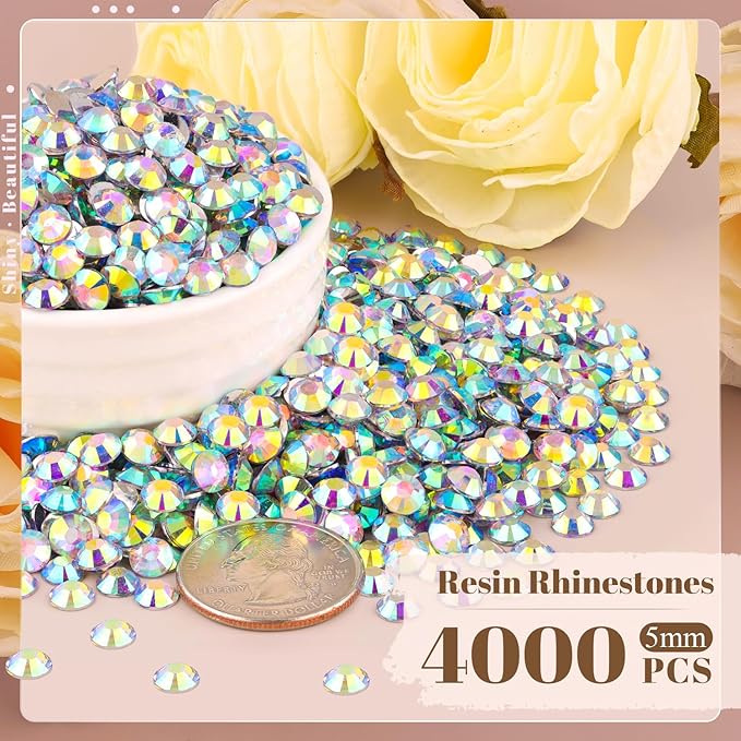 4000PCS 5mm Resin Rhinestones Bulk for Crafting (AB), Flatback Bedazzling Crystals for Crafts DIY Nail Decoration, Gems Charms for Tumbler Shoes Clothing Fabric with Pickup Pen and Tweezers