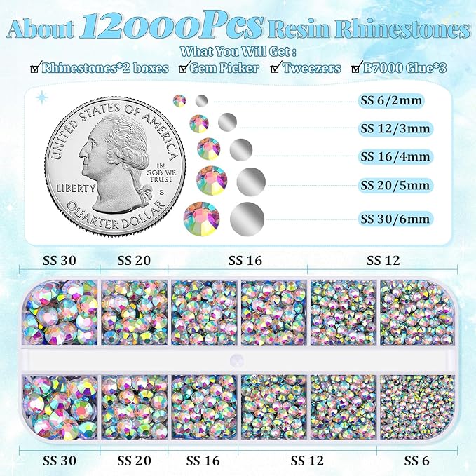 12000Pcs Resin Rhinestones for Bedazzling with 3Pcs B7000 Jewelry Glue, 2 Boxes AB Flatback Rhinestones for Crafting Crafts DIY, Crystals Gems for Clothing Shoes Tumblers Nail Art Makeup