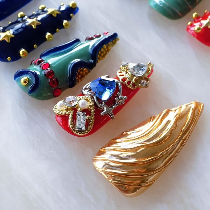 Luxury Handmade Press On Nails, Vintage Bohemian Style, Long Stiletto Shape, Crystal Heart Gems, Gold Stars Design, 10 Pieces (XS, LS)