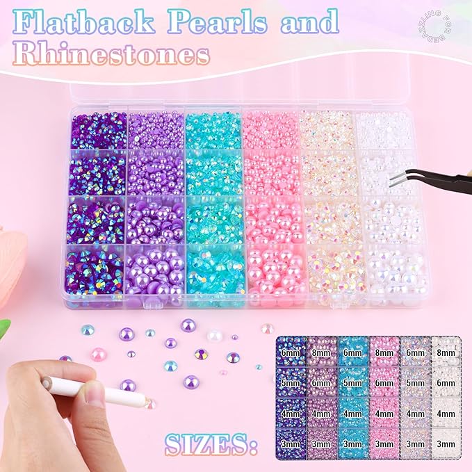 14000Pcs Flatback Pearls and Rhinestones for Crafting, Pink Purple White Mixed Size 3-8mm Resin Rhinestones and Half Pearls for Bedazzling, Nail Art with Tweezers and Pickup Pencil