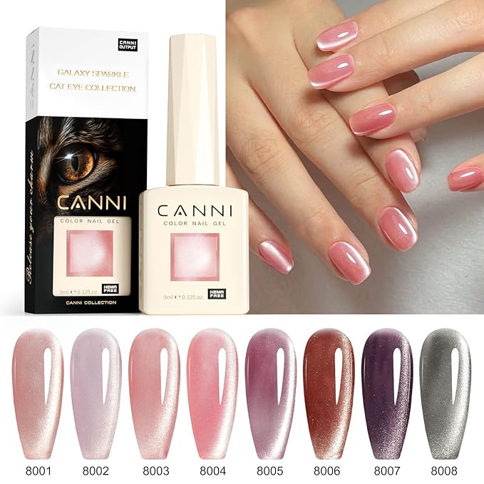 CANNI 8 Pcs 9 ML Cat Eye Gel Nail Polish Set, Jelly Pink Red Purple Glitter Holographic Cat Eye Gel Polish Kit with Magnet Shimmer Colors Soak Off Led Manicure Salon DIY Gifts