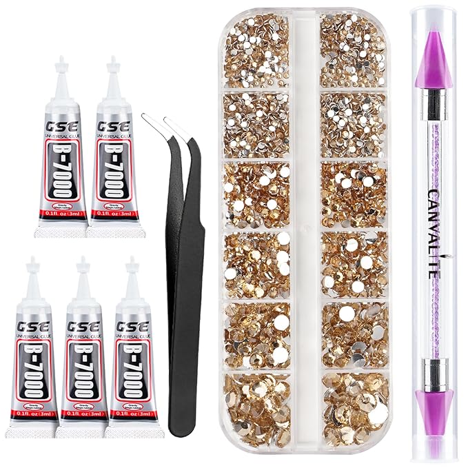 Canvalite 2784Pcs Champagne Rhinestones Flat Back Gems, Nail Rhinestones Gems with Jewelry Glues Pick Up Tweezers and Rhinestone Picker Dotting Pen, Nail Art Tools for Nails, Clothes, Face, Craft