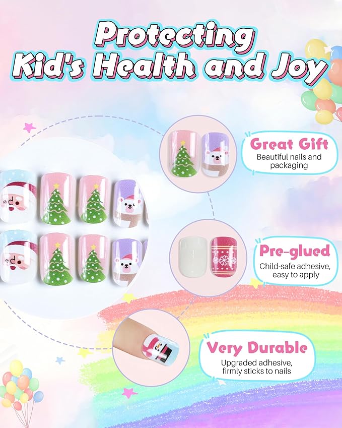 Cute Press on Nails for Kids,Girls Trendy Stuff Fake Nail Kit for Ages 5-12, Pre-glue Glitter Short Christmas Nails Stick on Nails, Great for Girl Birthday Gifts,Party&Makeovers Decoration