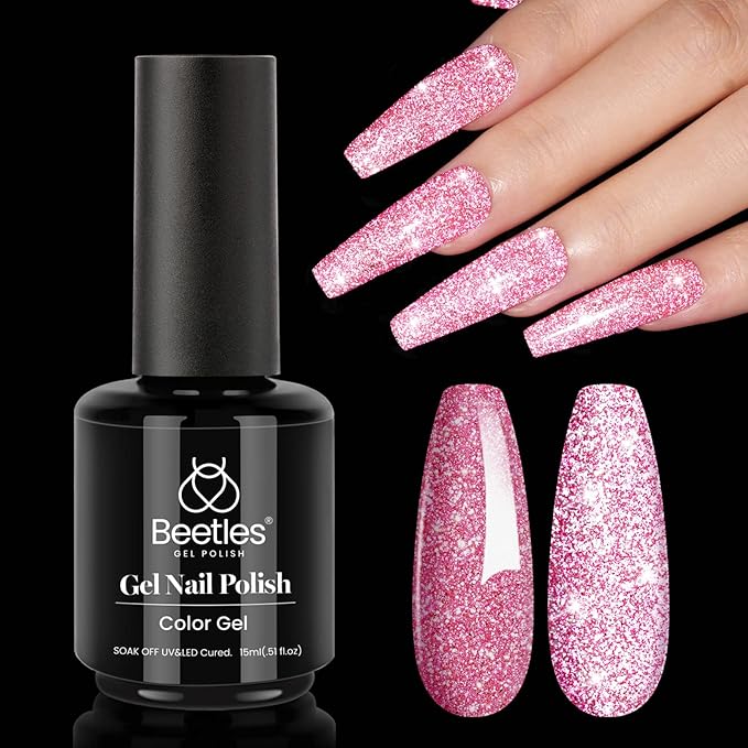 Beetles Glitter Pink Gel Polish, 1Pcs 15ml Glitter Diamond Gel, Fairy Kisses Hot Pink Nails Soak Off Sparkle Pink Polish Uv Nail Lamp Nails Art Manicure Salon DIY Spring Gift for Women