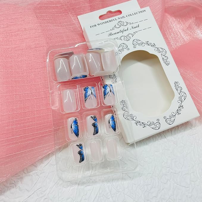 Square Press on Nails Short Fake Nails with Designs Butterfly Stick on Nail Blue French Acrylic False Nail Glossy Artificial Nail Full Cover Glue on Nails for Women 24Pcs