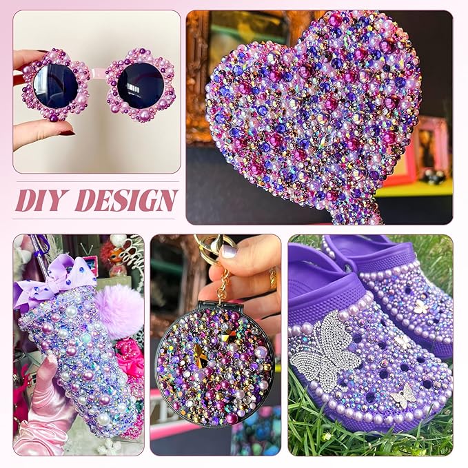 14000Pcs Flatback Pearls and Rhinestones for Crafting, Purple Series Mixed Size 3-8mm Resin Rhinestones and Half Pearls for Bedazzling, Nail Art and Decoration with 3pcs B7000 Jewelry Glue