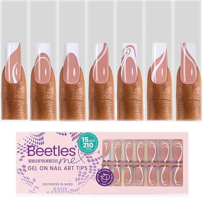 Beetles French Tip Press on Nails Long Square, 15 Sizes Soft Gel Nail Tips Jelly Brown 7 Styles Pre-Designed 4 in 1 Fake Nails Natural Look False Nail Tips for Nail Extensions Nail Art Gifts for Girls