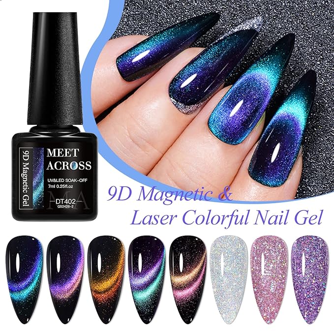 MEET ACROSS 8pcs Nail Polish Set, Soak off UV LED Lamp Cat Eye Gel Set Home Manicure Kit 7ml (Glitter + 9D Cat Eye Gel)