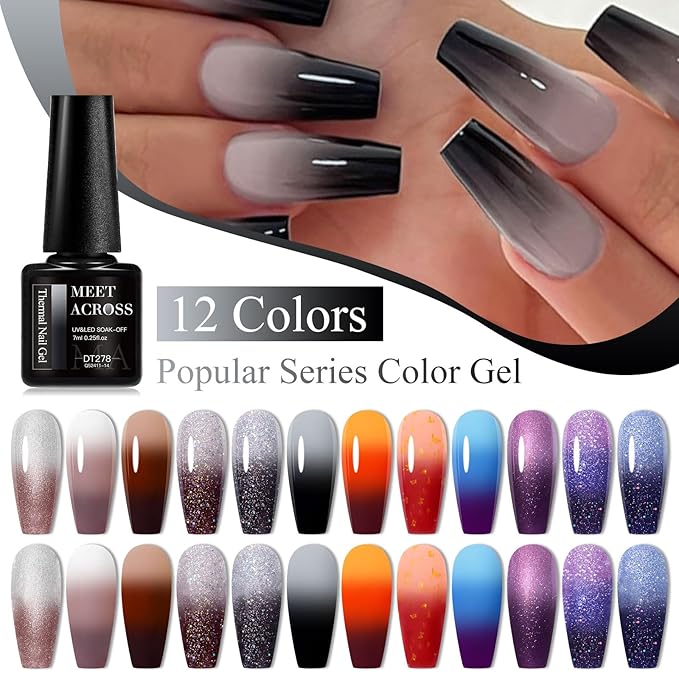 MEET ACROSS 12Pcs Color Changing Gel Nail Polish Set Brown Gel Polish Kit Fall Winter Glitter Temperature Mood Changed Nail Polish Gel DIY Salon Gift for Women