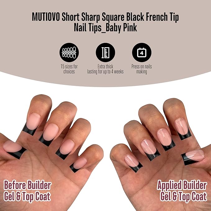 Black French Tip Short Straight Square Nail Tips Press on, BABY PINK Extra Thick NEED Soft Gel Nail Extension, Need Builder gel & Top,Coat Full Cover False Nails, for DIY x 15 Sizes 150 pcs