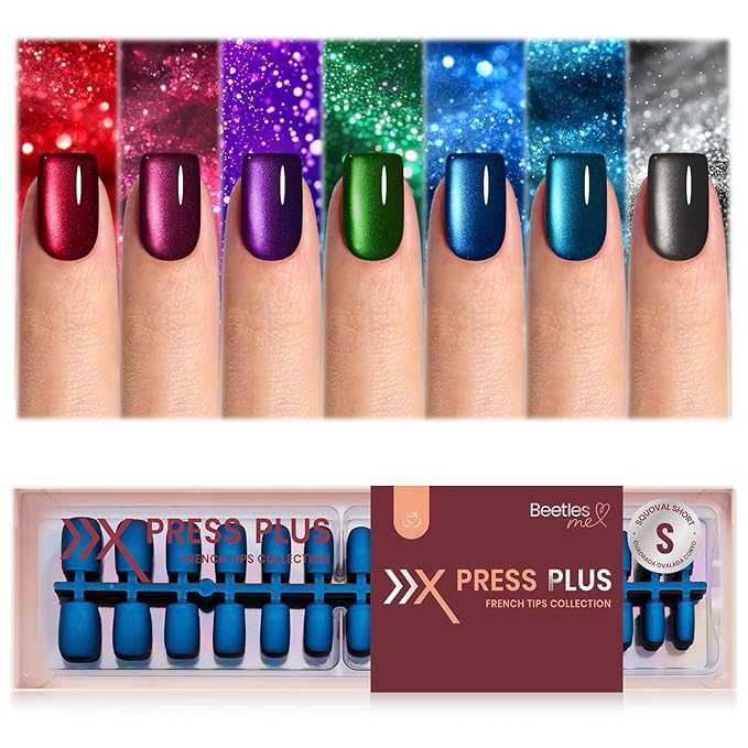 Beetles X Press Cat Eye Nails - 7 Colors Short Square Press On Nails | 16 Sizes 224 Pcs Natural Salon Quality Red Blue Purple Cateye Nails For Women St Patrick Day