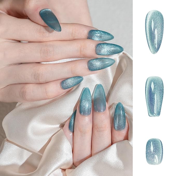 Sun&Beam Nails Handmade Press-on Medium Long Coffin Ballerina Blue Magnet Solid Color Minimalist Design Fashion False Nail Tips 10 Pcs Set (#250 S)
