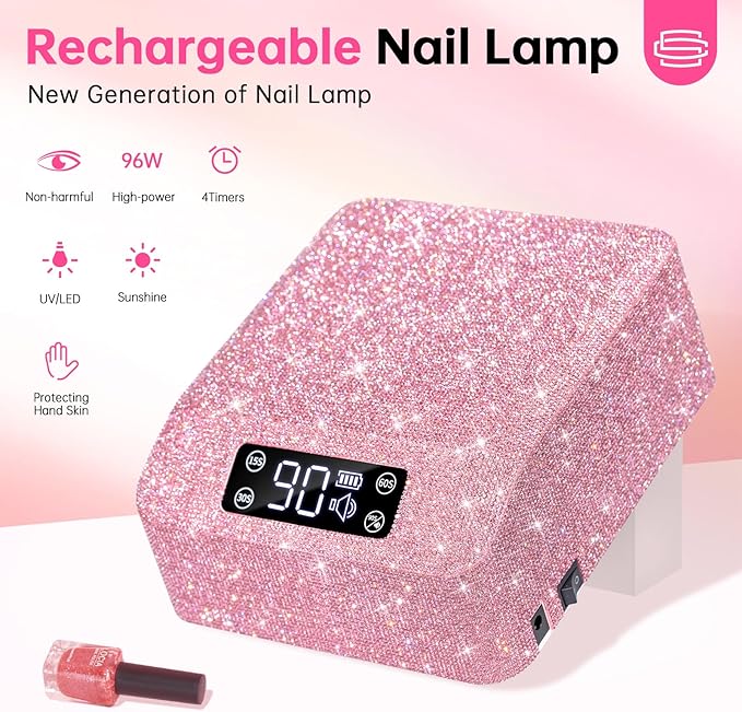 UV Light for Gel Nails, CHRISTINE SHELLY UV Nail Lamp, 96W Rechargeable Professional Diamond LED Nail Dryer with 4 Timer Setting, Touch Control&Auto Sensor, Fast Nail Light Curing Lamp for Salon&Home