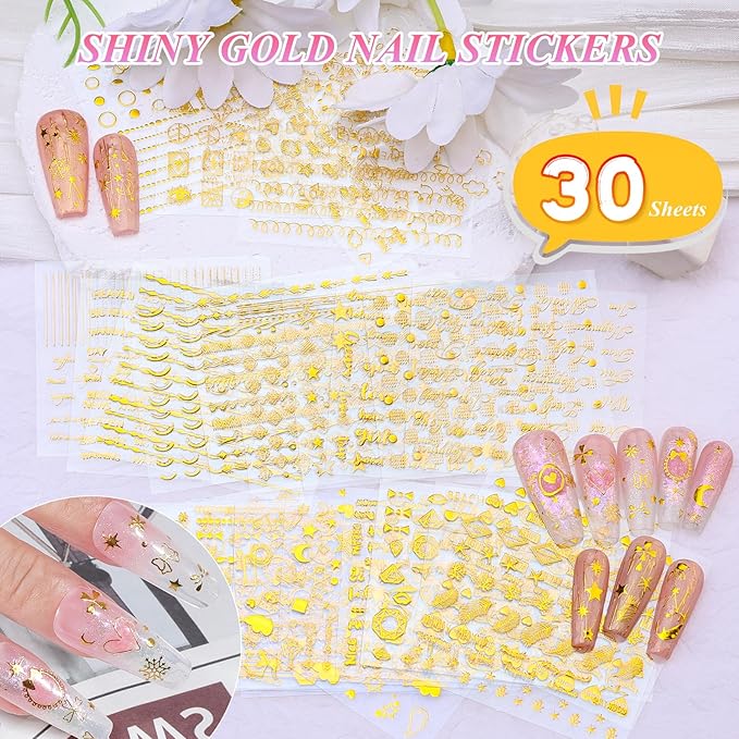 9 Boxes Nail Art Rhinestones Kit with 30 Sheets Nail Art Stickers, Gold Nail Studs Nail Sequins Flatback Pearls Rhinestones for Crafts, Small Fruit Nail Charms Tiny Gems for Nails DIY Decorations