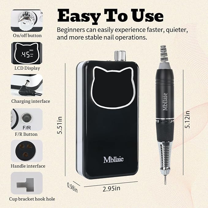 Professional Nail Drill File 45000RPM Electric Portable Nails Drills Kit with Rechargeable 7 uñas Bits Cordless Efile for Poly Gel Acrylic Nails Remover Home Salon Pedicure Manicure Tool (Black)