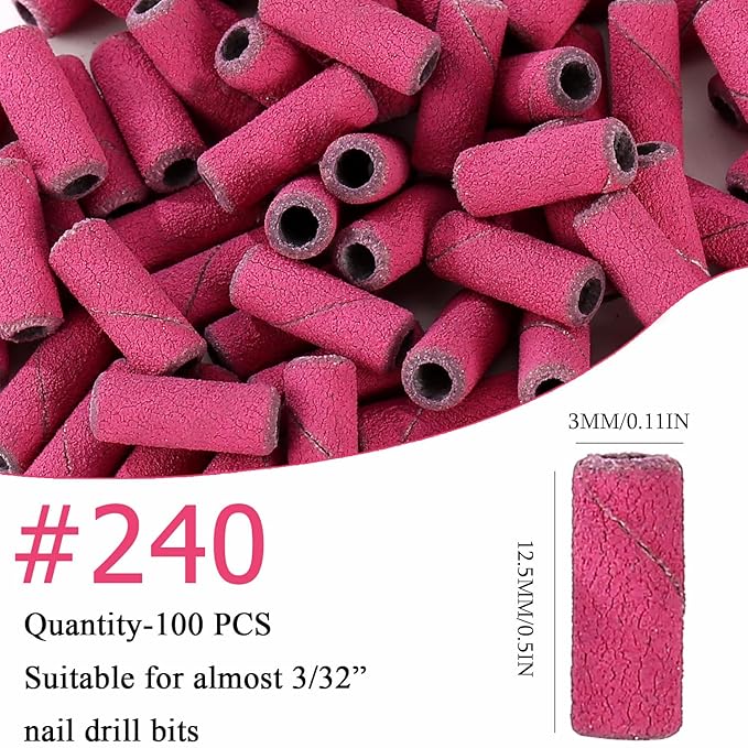100pcs Nail Drill Bits Small Sanding Bands with 3.1mm Mandrel Bit, 240 Extra Fine Grit Nail File Sanding Bands for Acrylic Nails Gel Removing Shaping Manicures and Pedicure (Rose Red, 240 Grit)