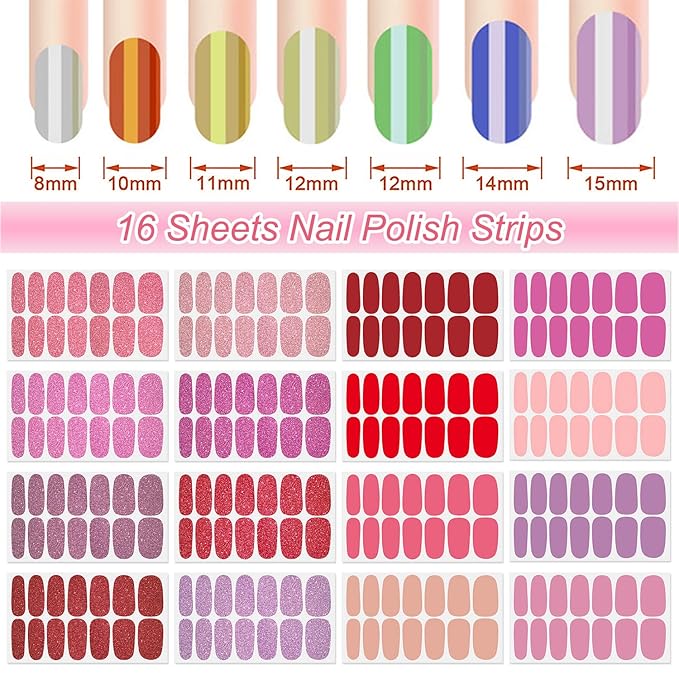 DANNEASY 16 Sheets Solid Color Nail Polish Strips Glitter Nail Wraps Gel Nail Strips Self Adhesive Nail Polish Stickers for Women Fingernails Nail Art Accessories with File, Cuticle Stick