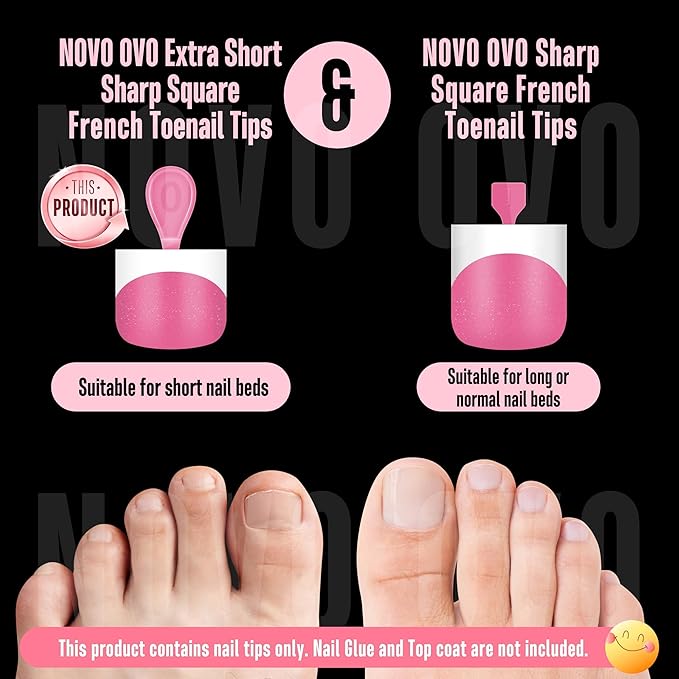 NOVO OVO Extra Short Toe Nail Tips White French Tip ROSE PINK Sharp Square Press On, Soft Gel False Fake Toenail Extension Kit, Need Apply Top Coat Buider Gel Nail Glue, Salon DIY x 16 Sizes 224 Pcs