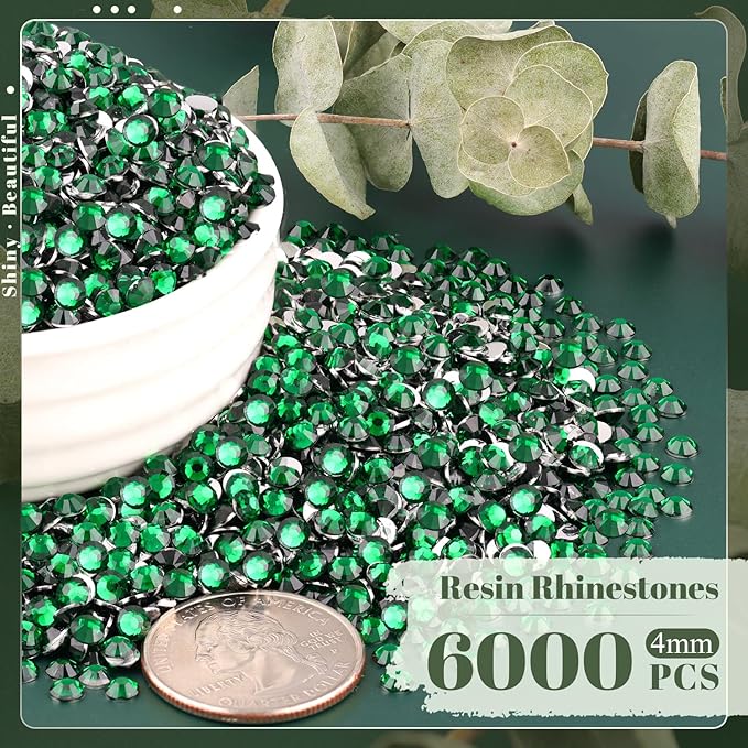 6000PCS 4mm Resin Rhinestones Bulk for Crafting (Dark Green), Flatback Bedazzling Crystals for Crafts DIY Nail Decoration, Gems Charms for Tumbler Shoes Clothing Fabric with Pickup Pen and Tweezers