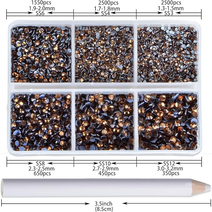 NCB Hotfix Iron on 8000pcs Crystal Rhinestones Round Gem for Crafts Decoration DIY Jewelry Making with a Picking Pen (Smoked Topaz, 6Sizes SS3-SS12)