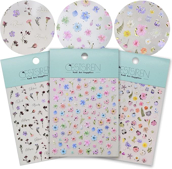 Golden Flower Nail Art Stickers, Summer Spring Floral Nail Decals, Self-Adhesive, Nail Accessories for Women, Nail Decorations 3 Sheets