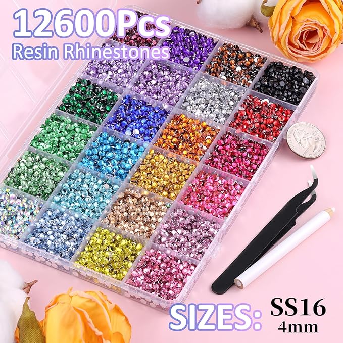 12600Pcs Resin Rhinestones for Bedazzling with Tweezers, Multicolor 4mm Rhinestones for Crafting with B7000 Jewelry Glue for DIY Crafts Clothing Tumblers Shoes Fabric Nail Art