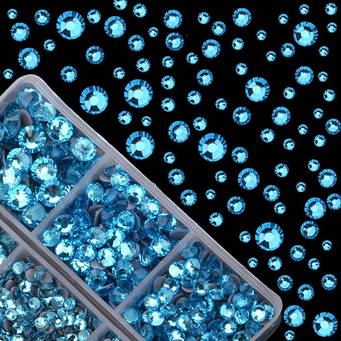 4000pcs Mixed Size Hot Fix Round Crystals Gems Glass Stones Hotfix Flat Back Rhinestones (Aquamarine)