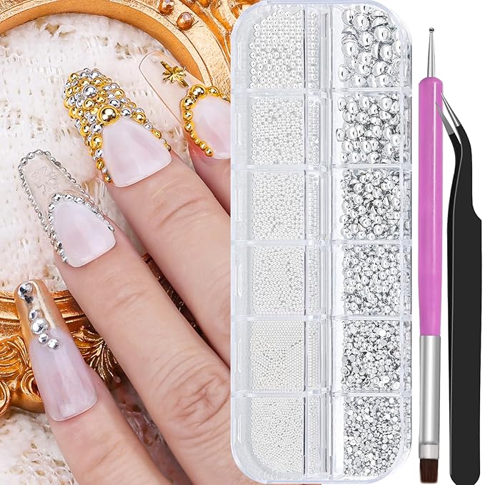 Silver Caviar Nail Beads and Nail Pearls, Mixed Size Half Round Flatback Pearl Silver Balls Nail Charms for Nails with Pickup Tools for Nails Face Eyes Makeup(33-K1-6)