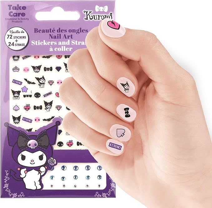 Kuromi Nail Stickers – 1 Sheet with 72 Stickers + 24 Rhinestones – Self-Adhesive Nail Art for Girls – Fun Activity & Gift Idea for Birthdays, Crafts, Party Bags and Playdates